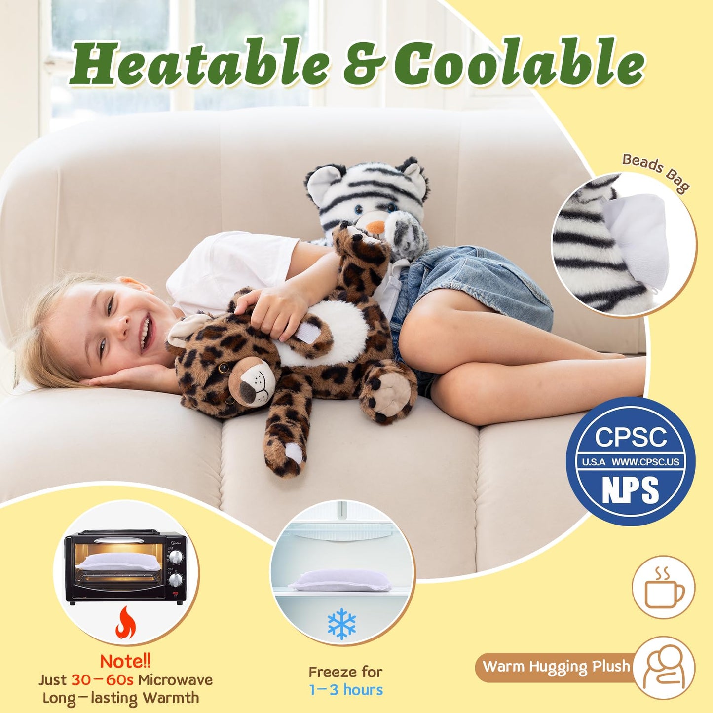 MorisMos White Tiger & Cheetah Plush Duo - Freezable, Microwavable, 12" - Multicolored Stuffed Animal Gift for Kids