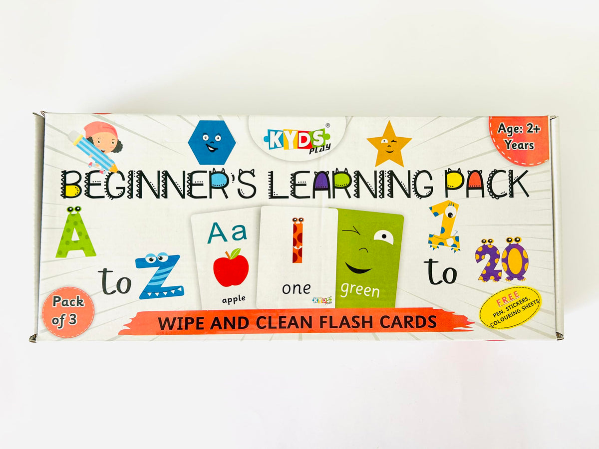 Kyds Play  Beginners Learning Pack Combo Of 3  Alphabets + Numbers + Colours & Shapes, Wipe & Clean Activity Flash Cards, Age:
