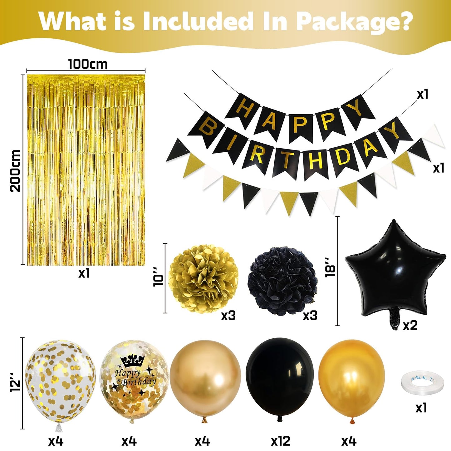 Black And Gold Birthday Decorations, Gold Black Foil Confetti Birthday Balloons Black Foil Balloon Happy Birthday Banner Pom Pom