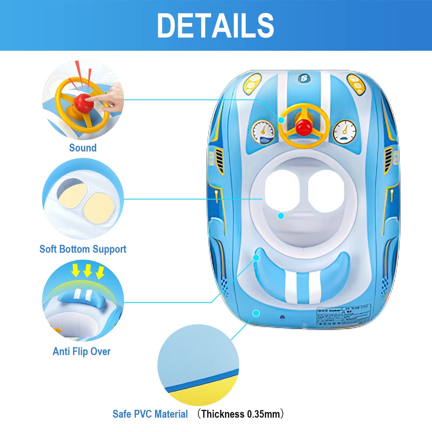 Baby Pool Float,Baby Swim Float,Baby Pool Float With Canopy Upf50+ Sun Protection,Toddler Pool Float Inflatable, Car Shaped Baby