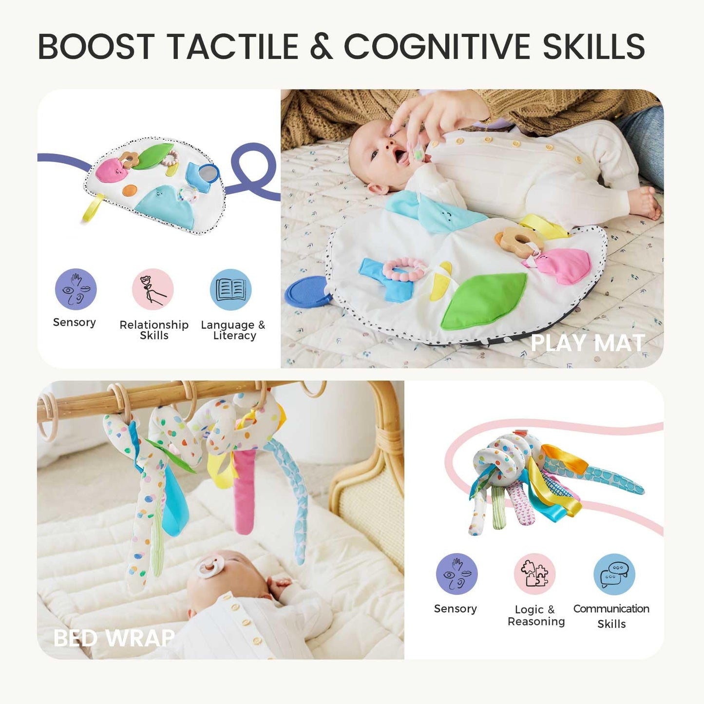 Tiny Land Montessori Baby Toy Set 0-3 Months Newborn Development Sensory Play Kit - 5-in-1 Mirror, Black & White Card Set, Rolli