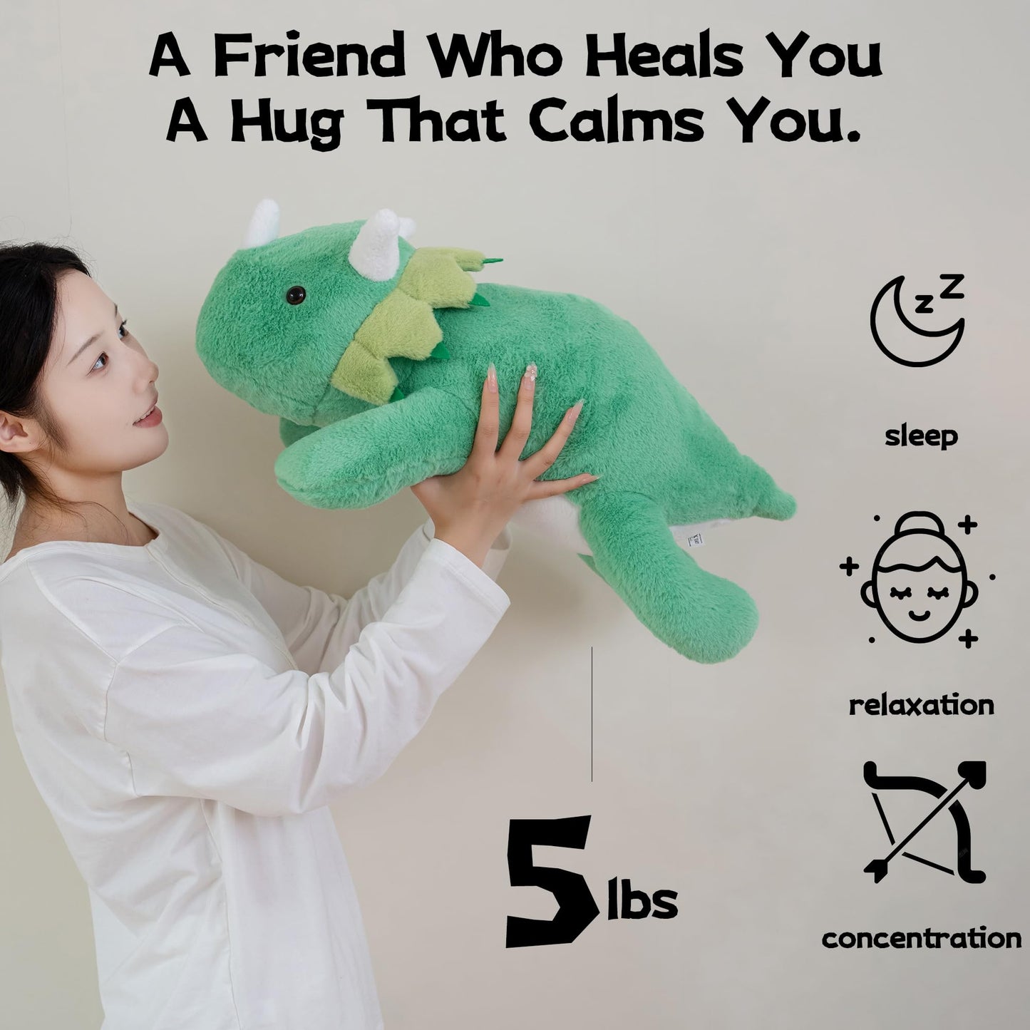 Gudisi 5 Pounds Weighted Dinosaur Stuffed Animals 23.6Inch Large Green Weighted Dino Plush,Huggable Companion For Kids & Adults,