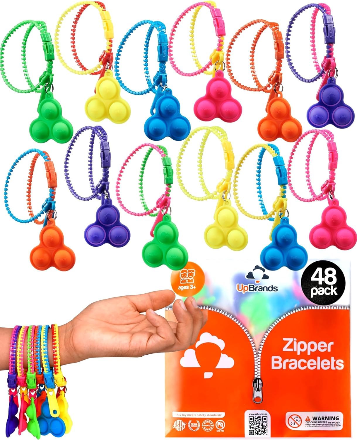 Upbrands 48 Upgraded Pop-It Zipper Bracelets For Kids, Adhd Fidget Toys, Fidgets For Kids, Anxiety Relief Fidget Toys, Kit For Halloween Trinkets, Goody Bags & Easter Eggs Hunt Fillers