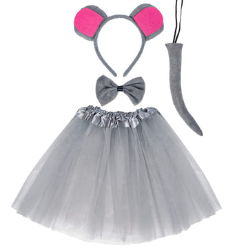 Jmkcoz Gray Mouse Costume Tutu Set  Mouse Ear Headband Bowtie Tail Tutu for Halloween Cosplay Party Dress Up Accessories