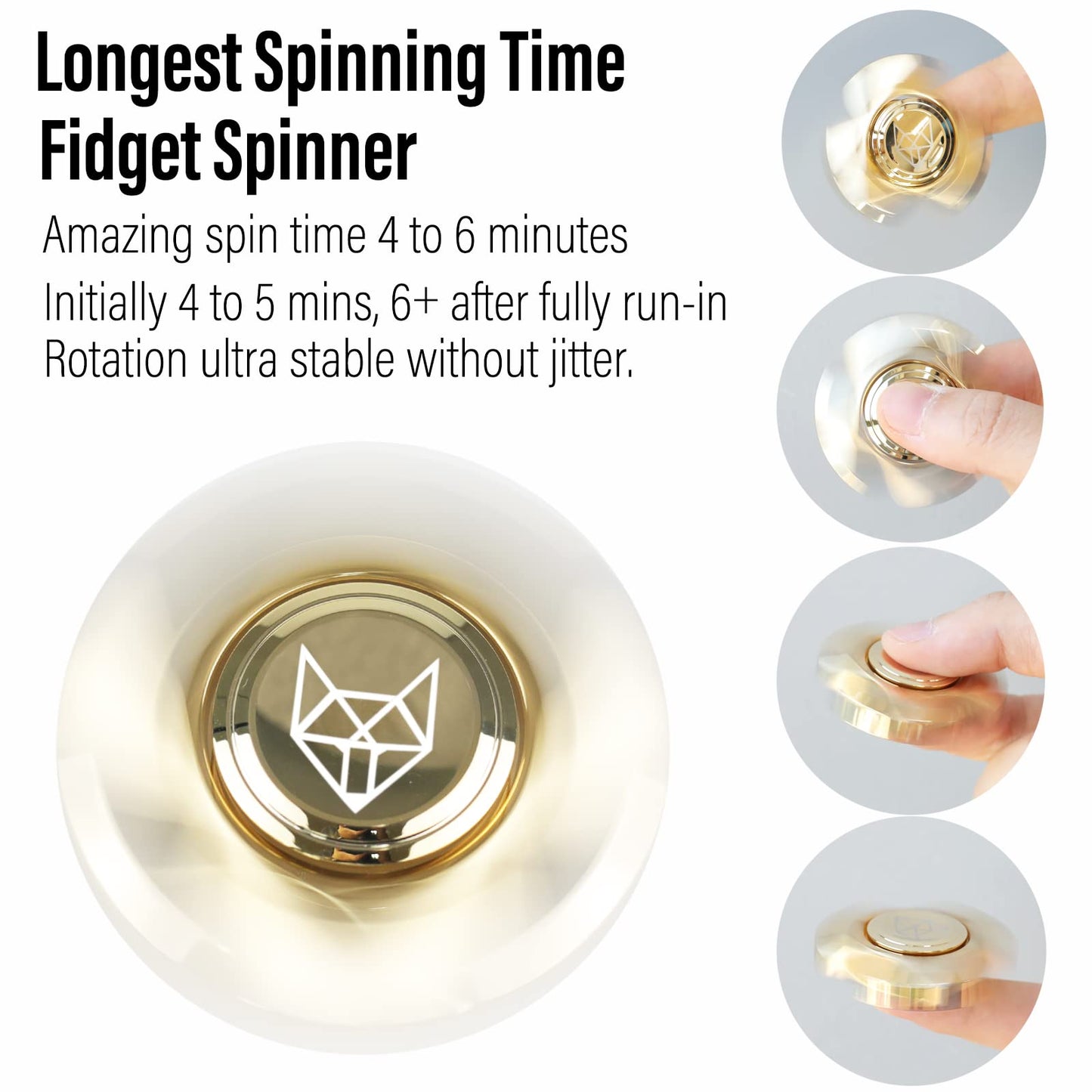 Freelove Metal Fidget Spinner, Stainless Steel Heavy, Long Spinning Toys, Cool Silent, Small Mini Fox Figette Spiner For Adults Men Anxiety, Quiet Bearing, Gold
