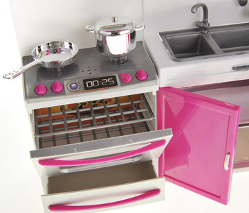 PowerTRC Doll Kitchen Play Set, Mini Modern Toy Kitchen Pretend Play Furnitures Toy Set Accessories Set with Realistic Light & S