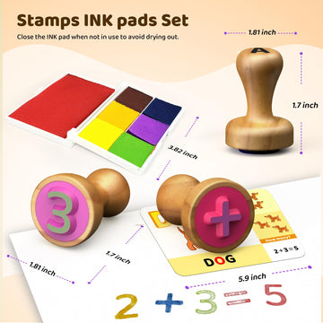 UdoUto Wooden Alphabet & Number Stampers Set with 7-Color Ink Pad | ABCs 123s Learning Stamps & Flashcards | Preschool Homeschoo