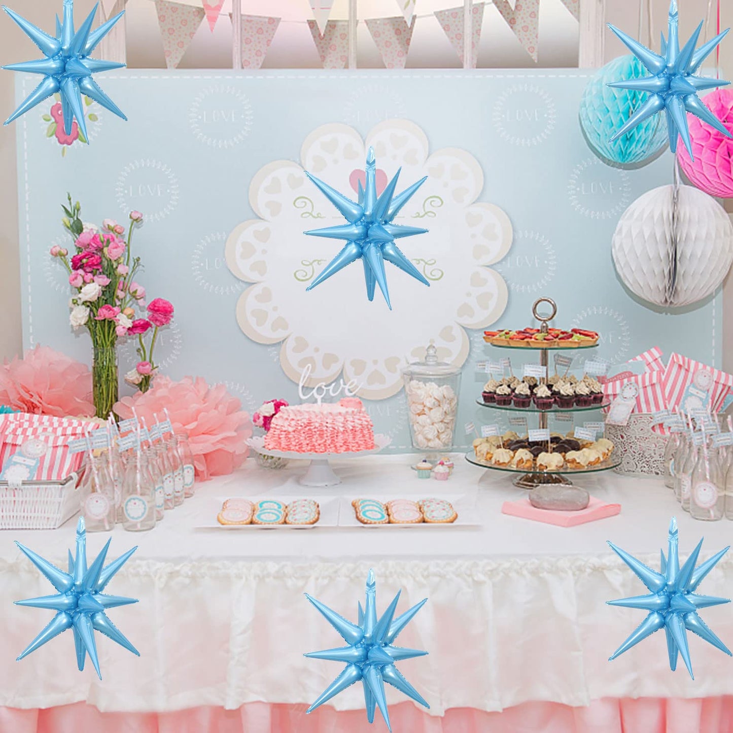 6 Pcs Light Blue Star Foil Balloons One-Piece 14-Pointed Star Balloons 4D Starburst Cone Mylar Balloons 22Inch Christmas Birthda