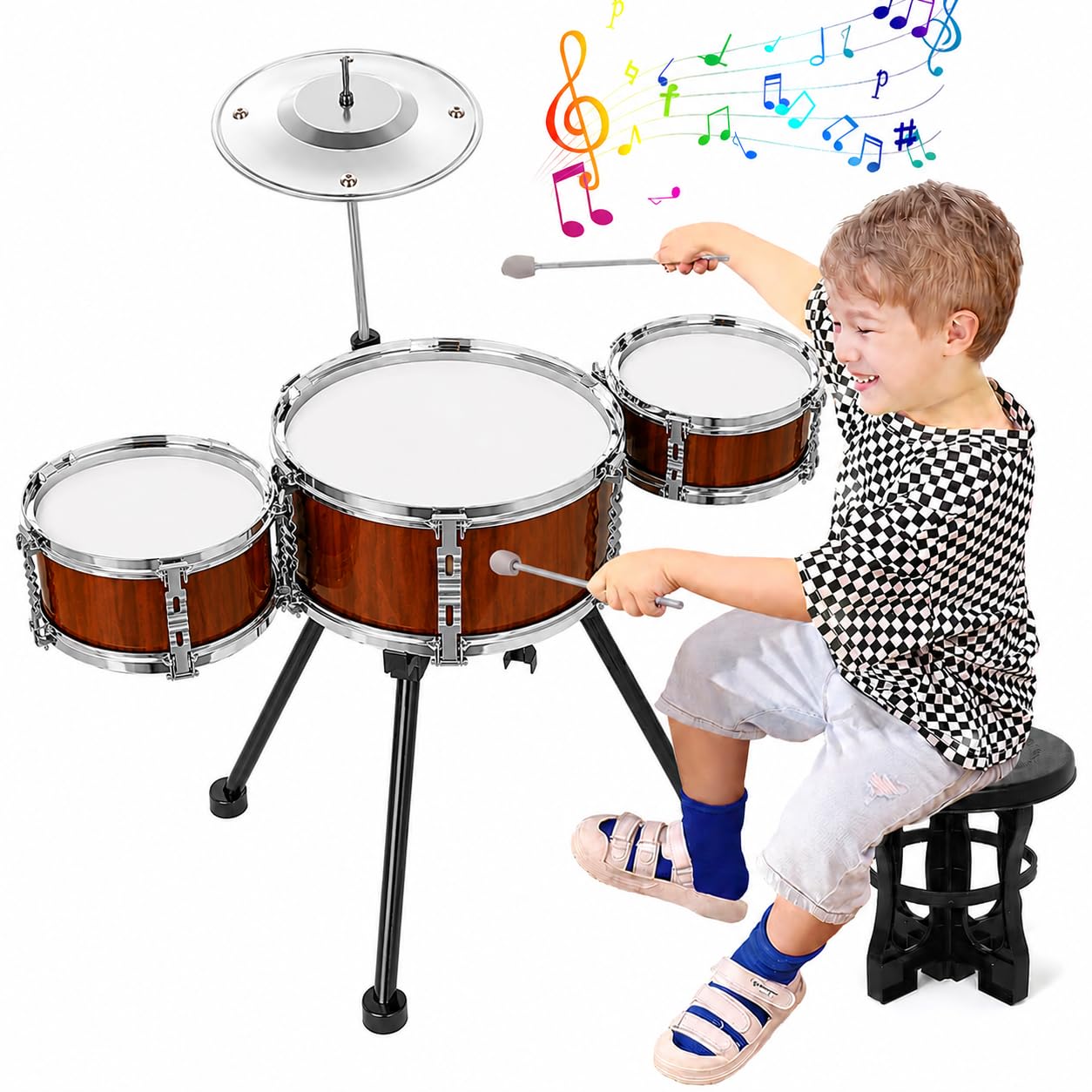 Zelvo Kids Drum Set Music Toy Drum Kit With Stool, 3 Drums Percussion Musical Instrument Set For Toddlers Ages 35, Educational 