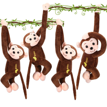 4-Pack 17.8' Hanging Stuffed Monkeys With Hook & Loop Fasteners - Plush Toy Gifts For Teens & Adults, Plush Stuffed Animal Toys Soft Monkey Doll Decoration (Brown)