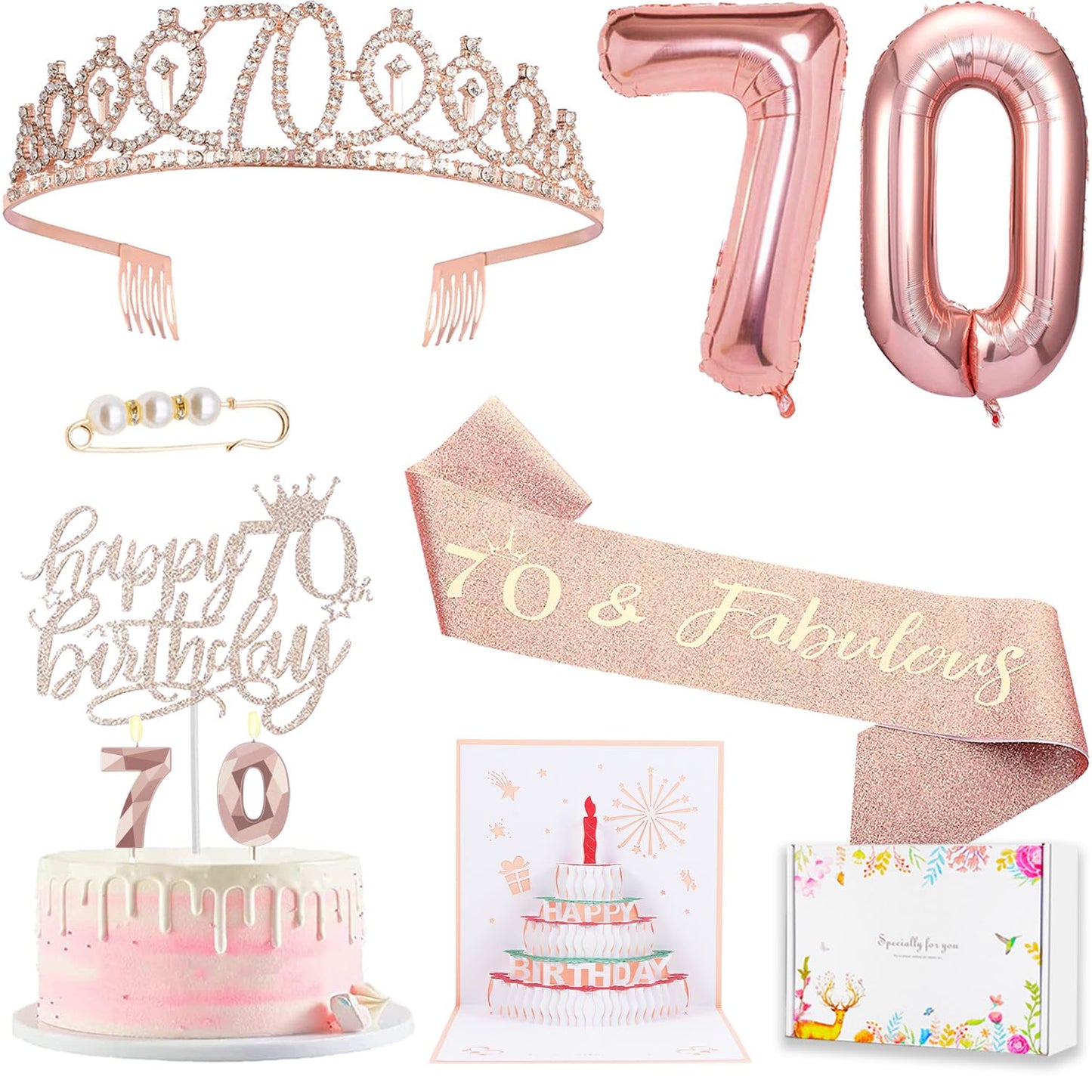 70th Birthday Gifts Decorations for Women, Including 70th Happy Birthday Cake Toppers, Birthday Queen Sash with Pearl Pin, Sweet