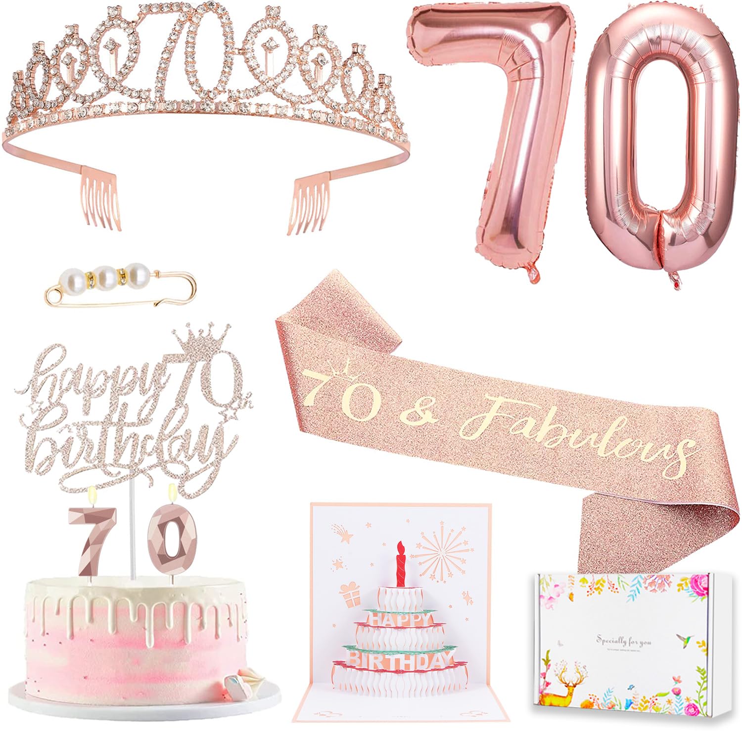 70th Birthday Gifts Decorations for Women, Including 70th Happy Birthday Cake Toppers, Birthday Queen Sash with Pearl Pin, Sweet