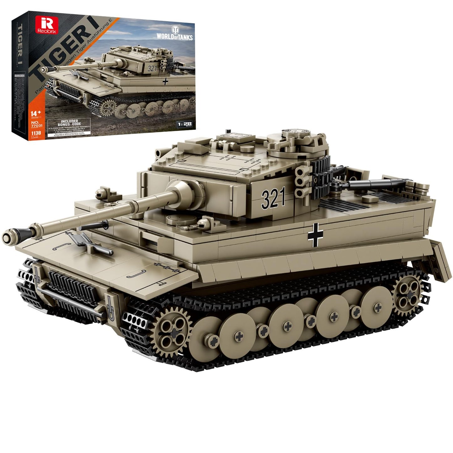 Reobrix Tiger I Tank Building Block Set for mature-themed WW2 Military German Tank Model Set World of Tanks Authorized Products 77031 Army Toys Building Kit Ideal Gift for Boys Age 14+ 1138 PCS