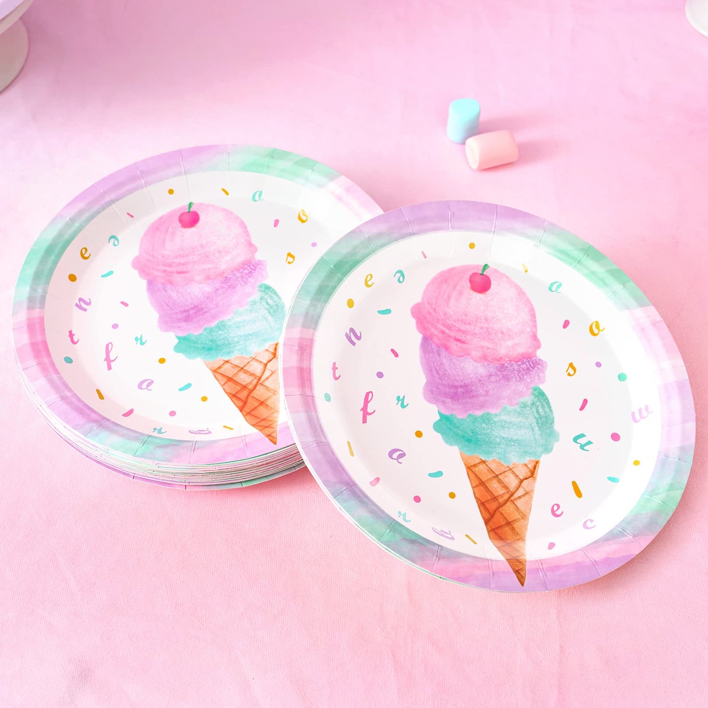 Wernnsai Ice Cream Party Plates And Napkins - Serves 50 Guests 100 Pcs Pink Sweet Ice Cream Themed Party Supplies For Girls Birthday Baby Shower Pool Summer Celebration Dinner Picnic Party Tableware