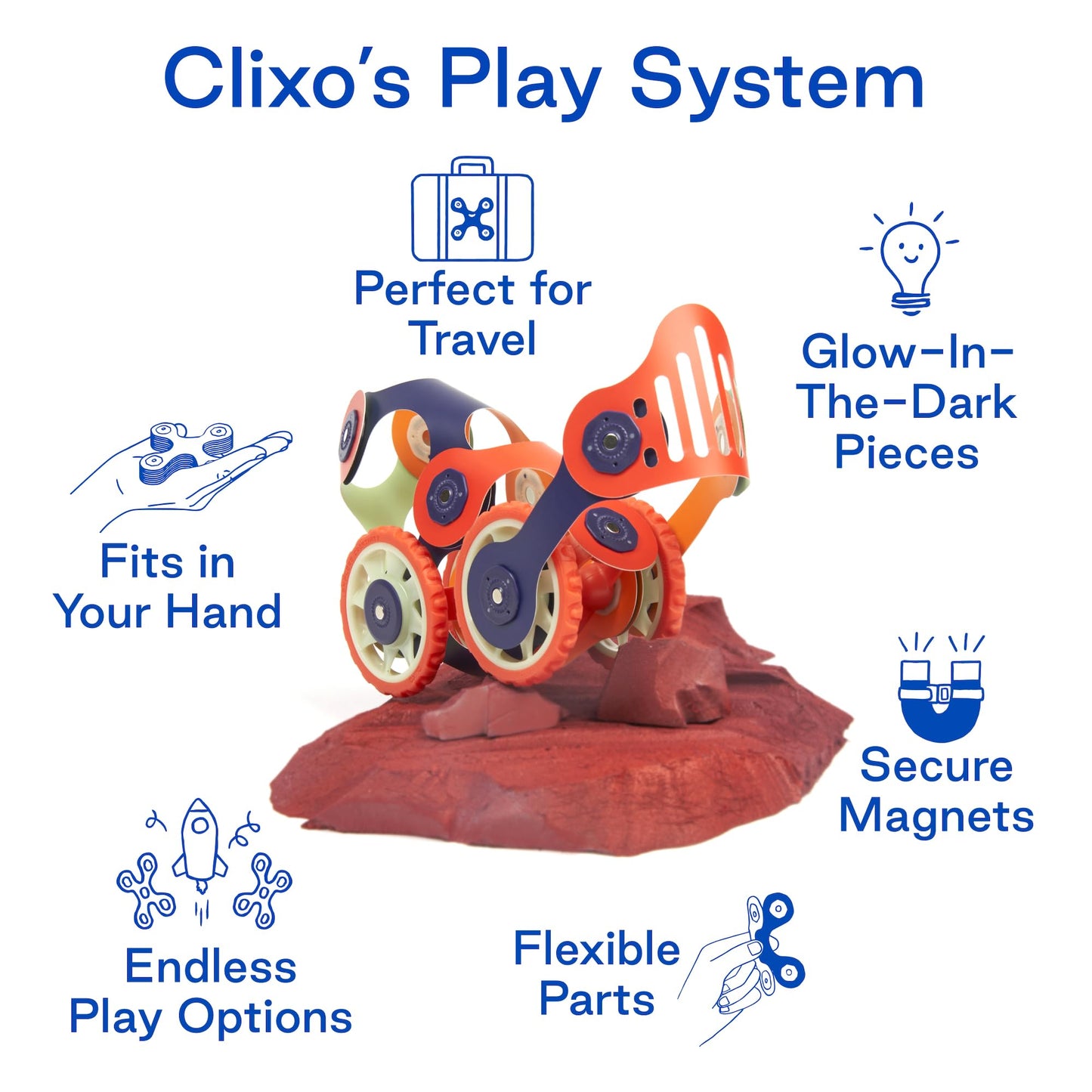 Clixo Mars Rover Pack - Glow-In-The-Dark Wheels Magnetic Building Toy - 30 Flexible Magnet Pieces For Galactic Exploration & Adventure. Award-Nominated Stem Toy. Kids Gift & Travel Toy. Ages 6+ [New]