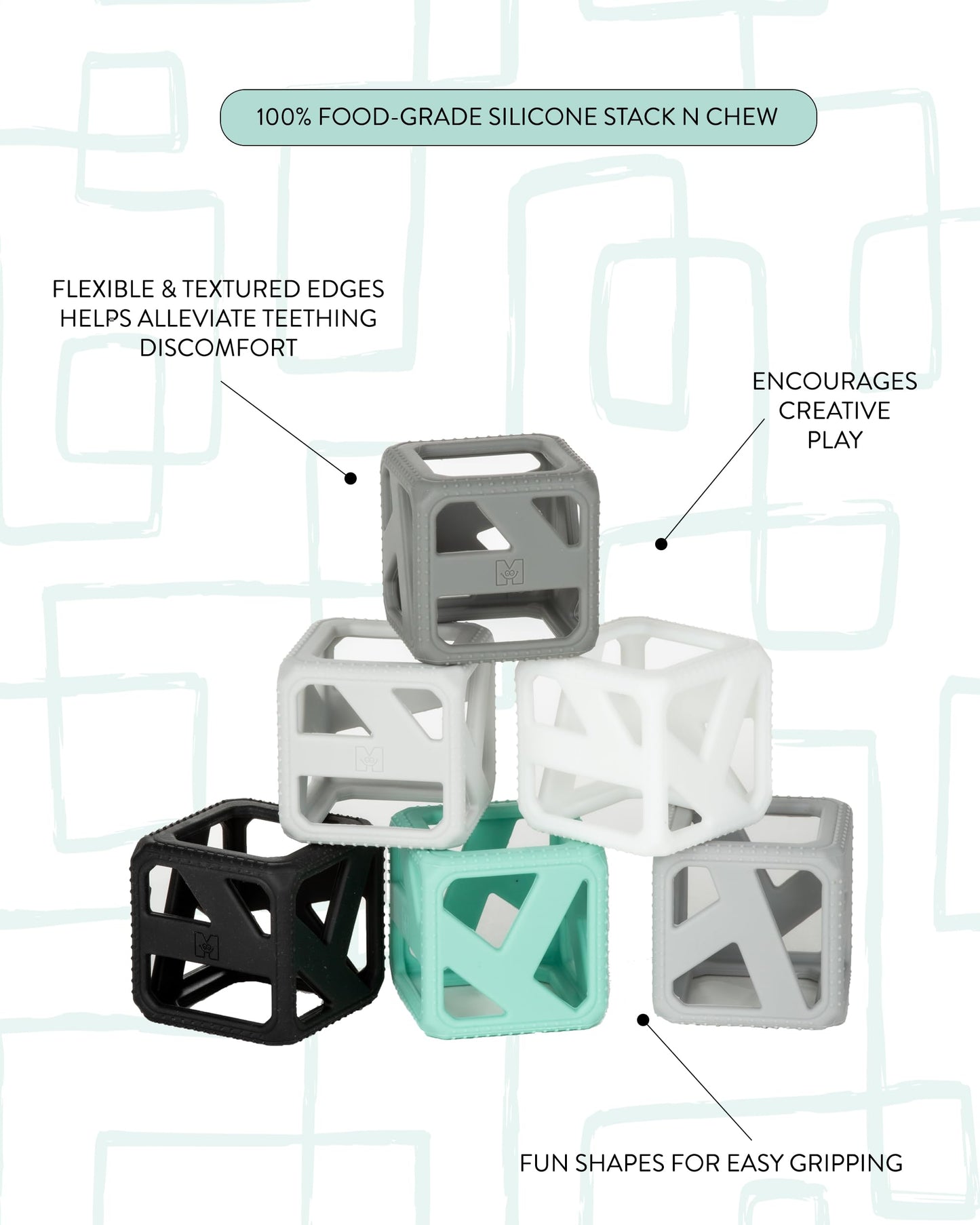 Malarkey Kids Stack N Chew - Mini Cubes Baby Chew Toy Monochrome - Develops Fine Motor Skills, Increases Grip Strength, Stimulates Hand-Eye Coordination (Monochrome)