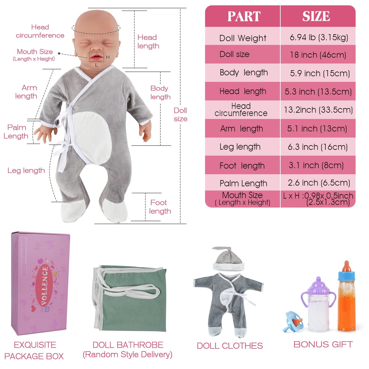 Vollence 18 Inch Sleeping Full Silicone Baby Doll,Not Vinyl Dolls,Eye Closed Newborn Silicone Baby That Look Real, Realistic Lif