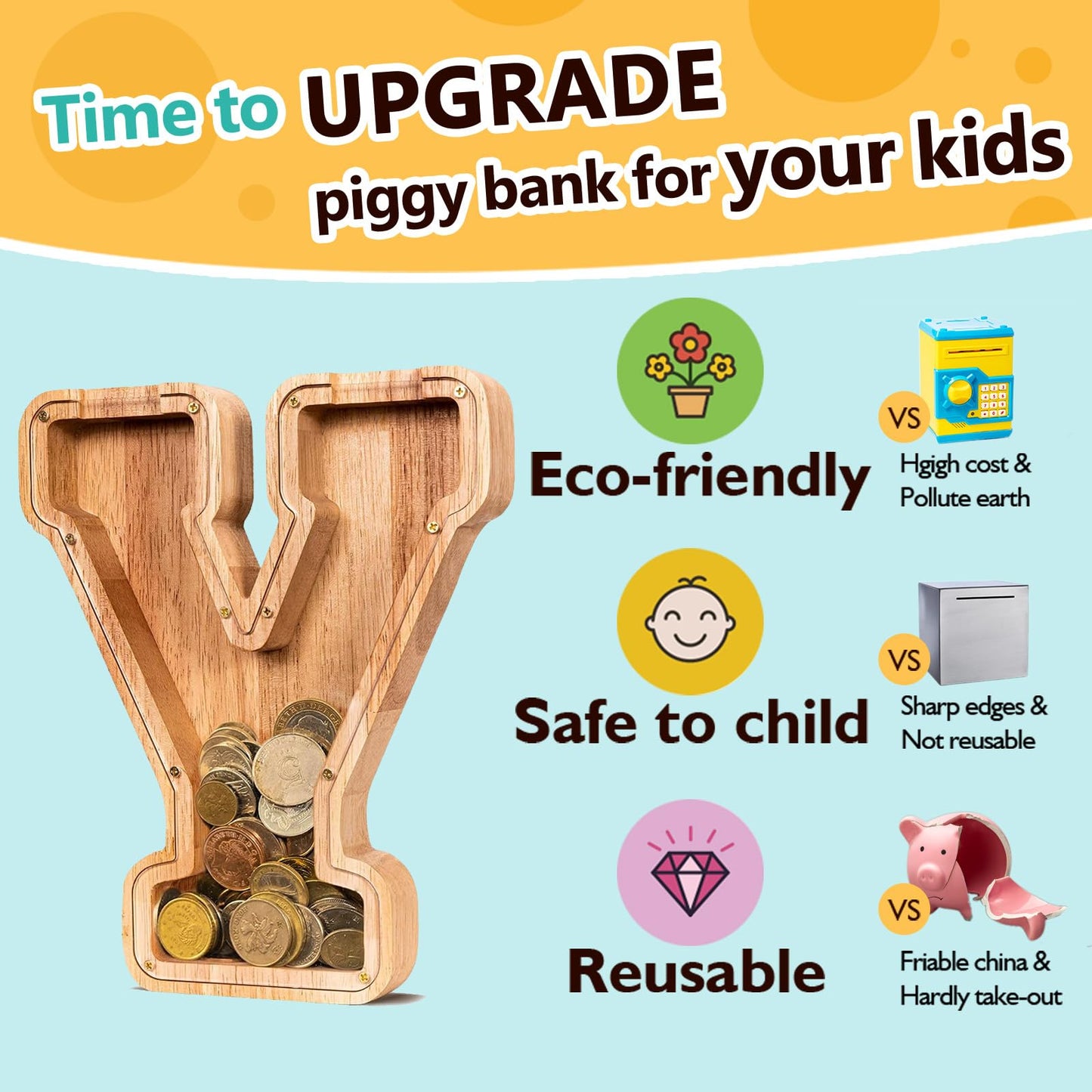SummiDate Wooden Letter Piggy Bank| Piggy Bank for Boys Girls Toddler| Alphabet Y Money Bank| Coin Bank Birthday Gift for Kids|Birthday Gift for Kids (Y)