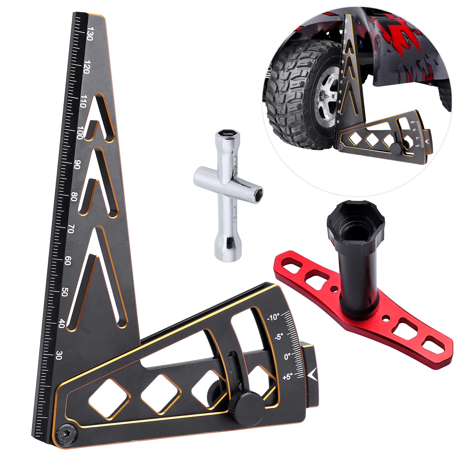 Hobbyfire Aluminum Metal RC Car Camber Gauge Height Gauge Wheel Wrench for 1/8 1/10 Scale RC Truck Buggy On Road Touring Racing 
