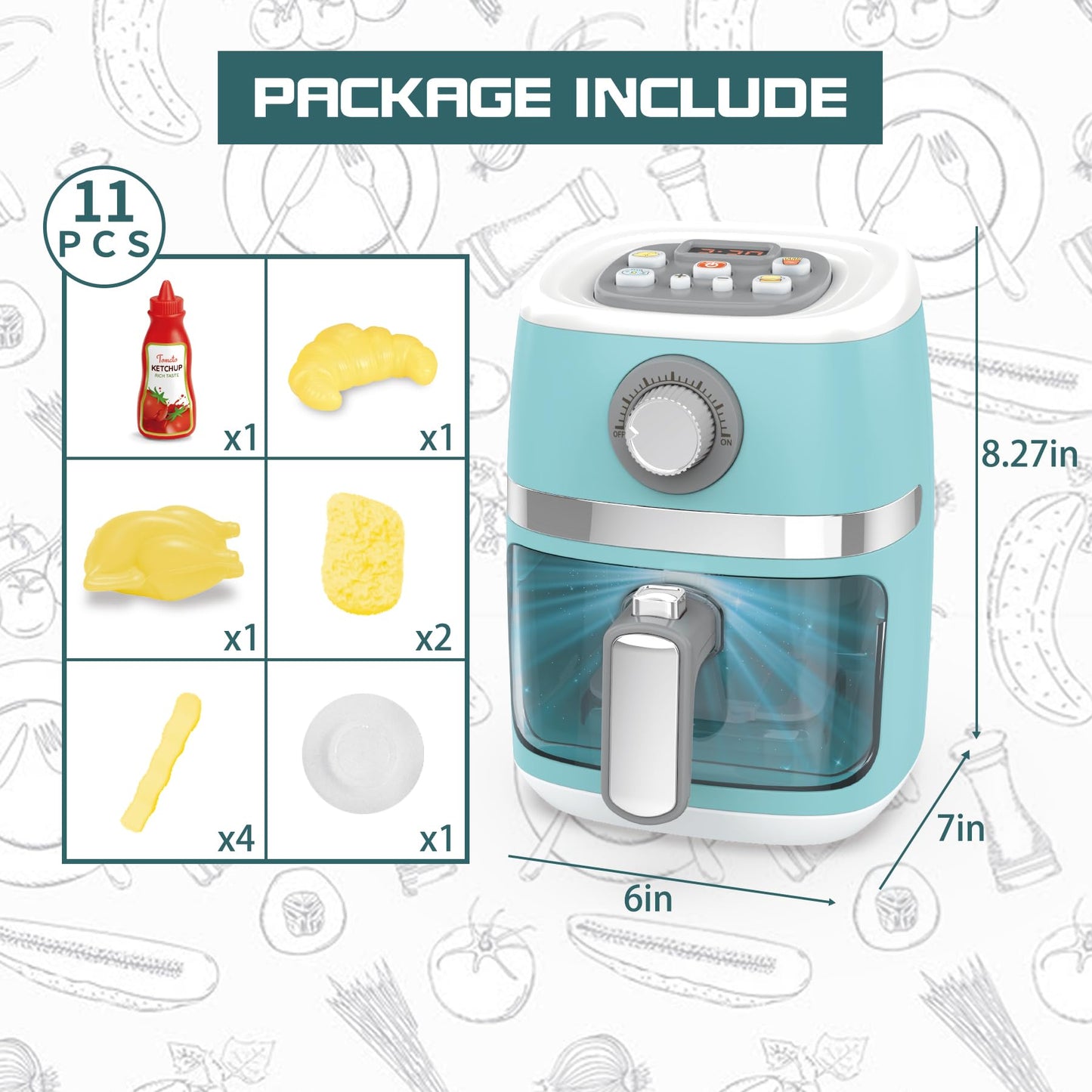 Toy Air Fryer for Kids Kitchen Playset, Chef Pretend Play kitchen Accessories with Color Changing Play Food, Cooking Game with F