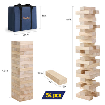 Offelec Large Tumble Tower Game, Giant 54 Wooden Blocks Lawn Yard Games With Carry Bag Outdoor Timber Stacking Game For Hallowee