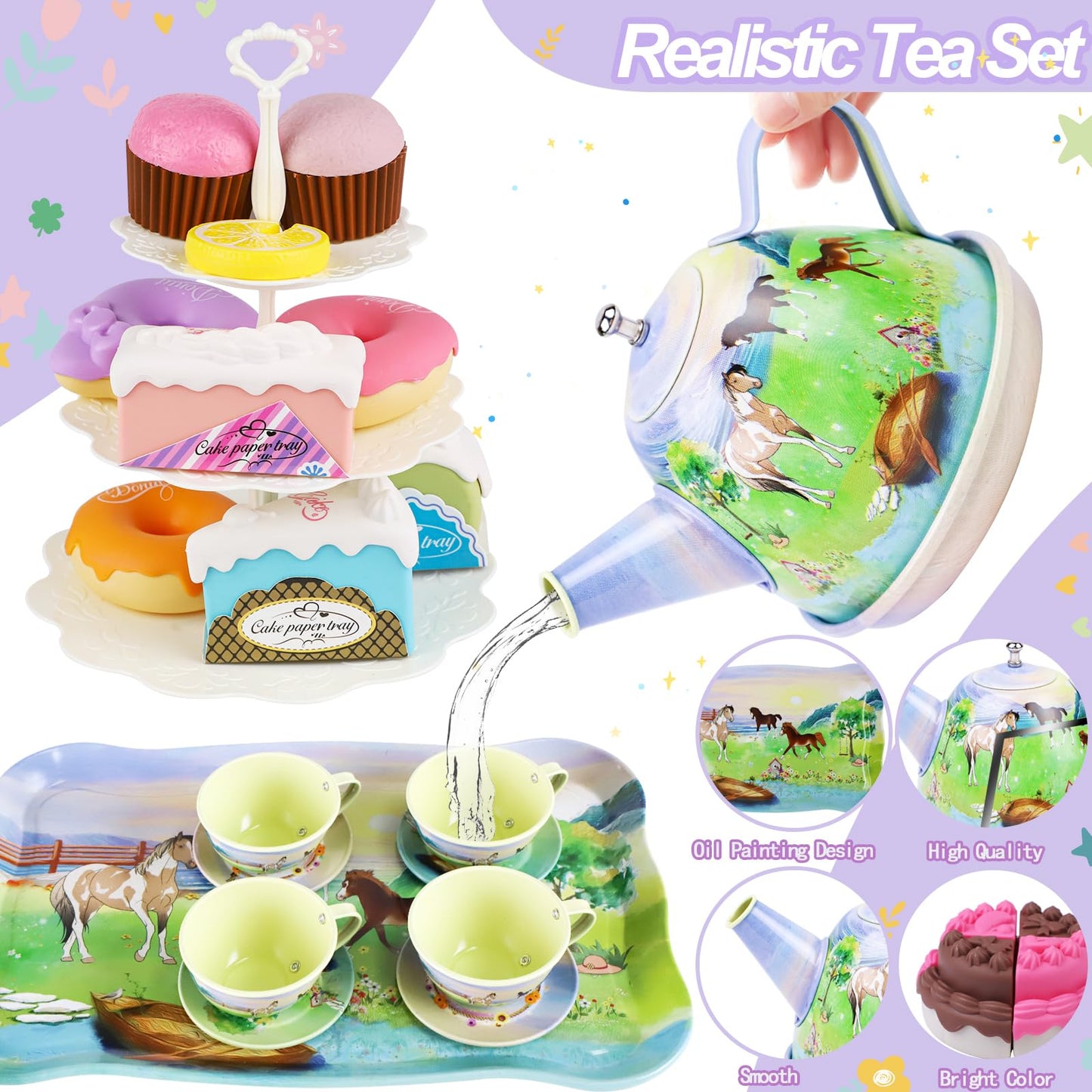 Tea Party Set for Little Girls,50PCS Princess Horse Tea Time Toy Including Food Sweet Treats Playsets,Teapot Tray Cake,Tableclot