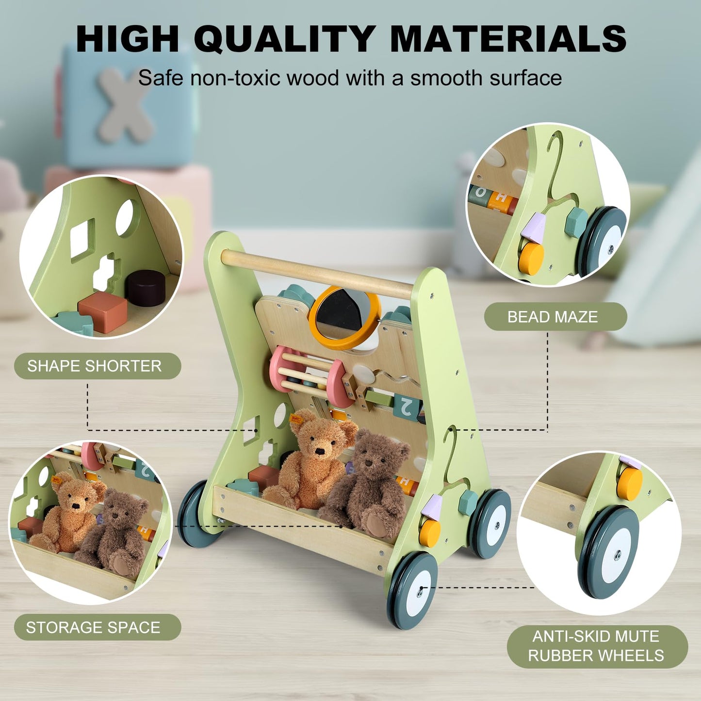 Wooden Baby Walker Wheels,Baby Push Walker For Babies 12 Months+ Montessori,Toddler Walker Push Toy Wooden Activity Walker For B