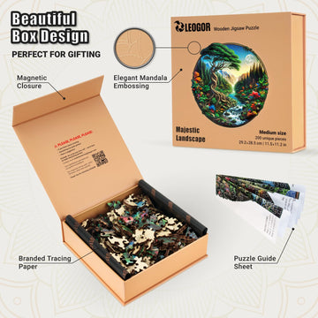 Leogor Mosaic Wooden Jigsaw Puzzles For Adults With Whimsical Pieces – 200 Piece Colorful Landscape Puzzle With Unique Animal-Shaped Wood Pieces – Medium 11.5'' X 11.2''