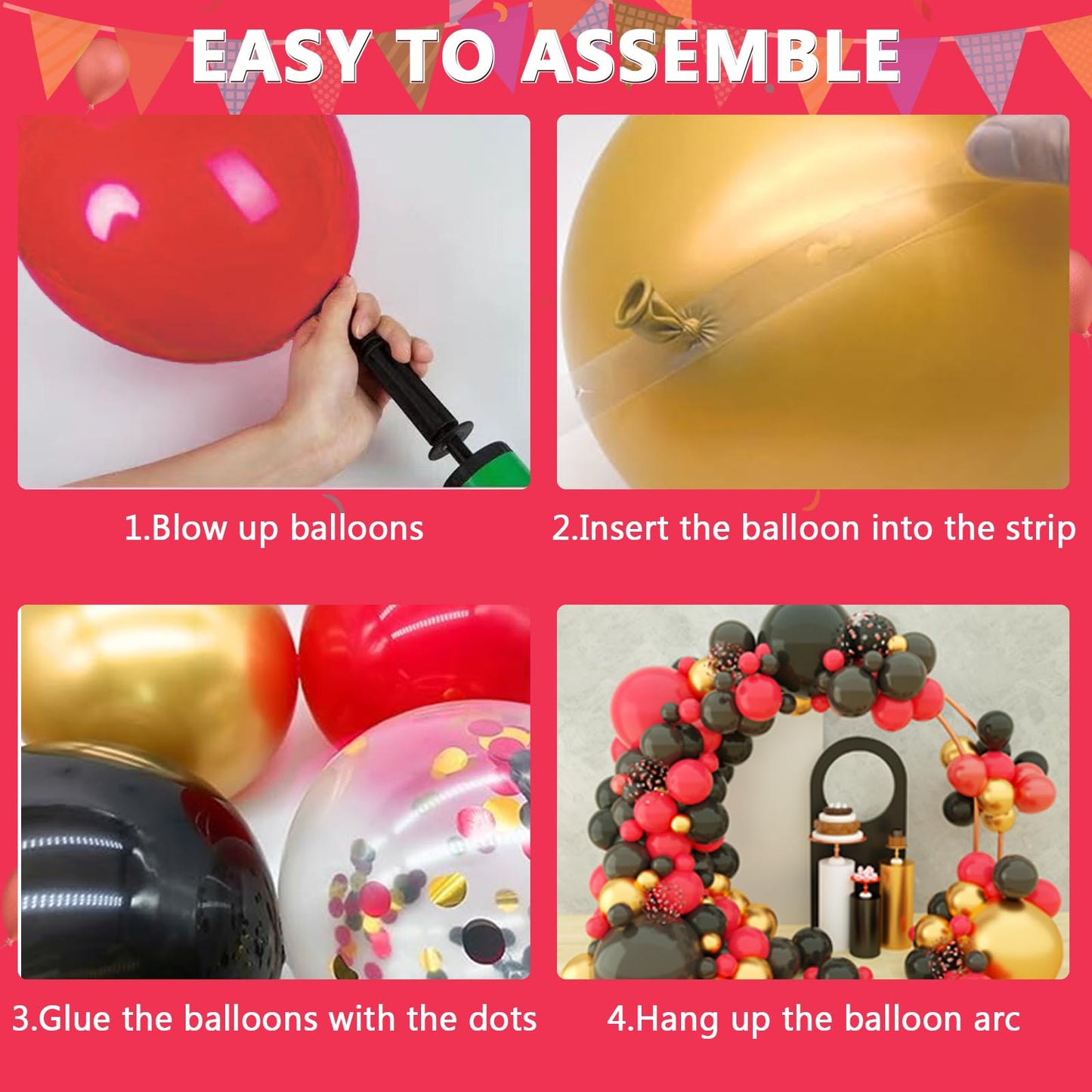 Red Black Gold Balloon Garland Arch Kit, 134Pcs Red Black Metallic Gold Confetti Balloons For Casino Theme Party Decorations, Ne