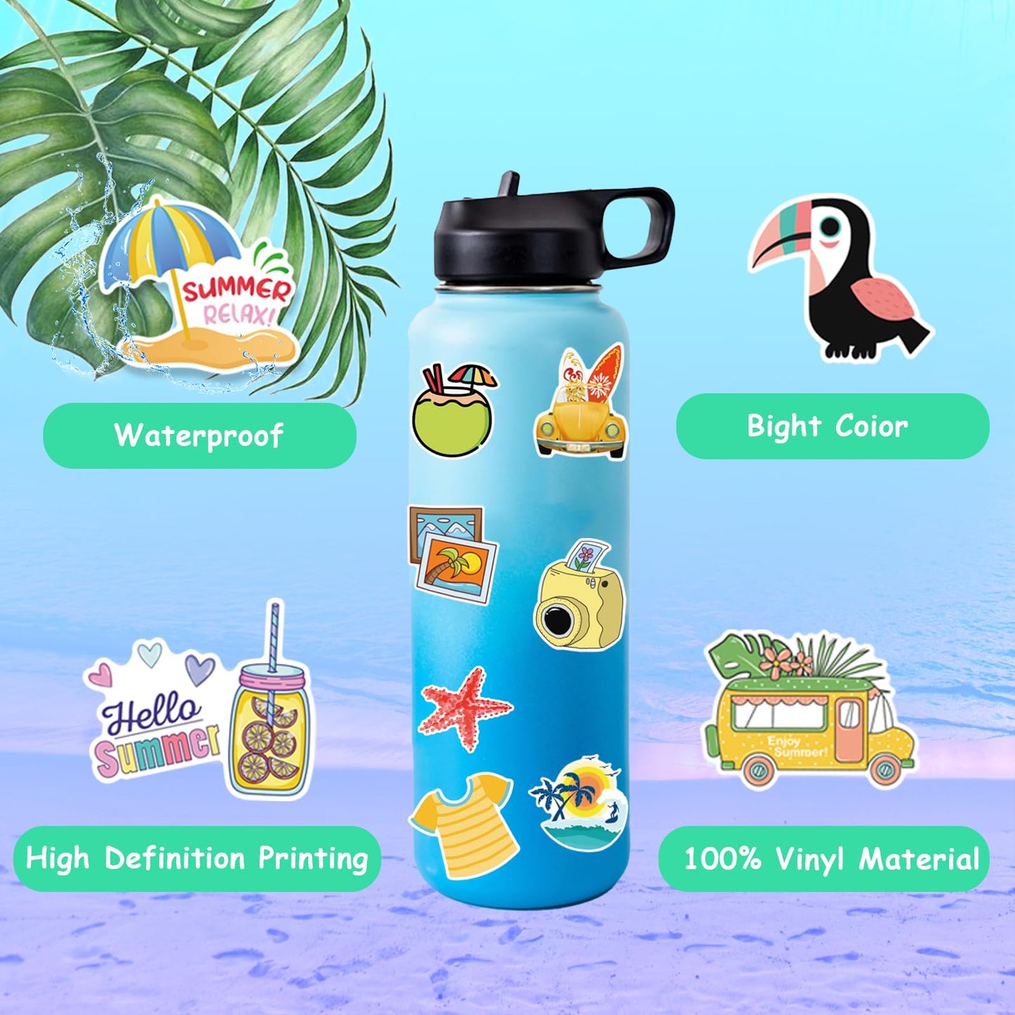 Xzentira, 100 Pcs Summer Stickers For Kids, Beach Stickers For Water Bottles, Happy Summer Vinyl Waterproof Stickers For Laptop