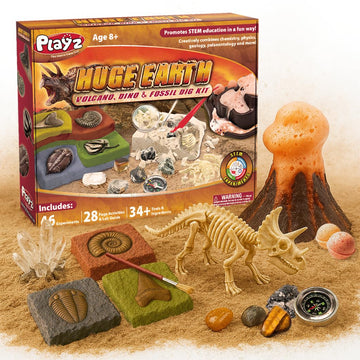 Playz Fossil Digging Kit For Kids Ages 6-12 - Dinosaur Fossil Excavation Tools, Paleontology Volcano Lab & Mining Activity Set