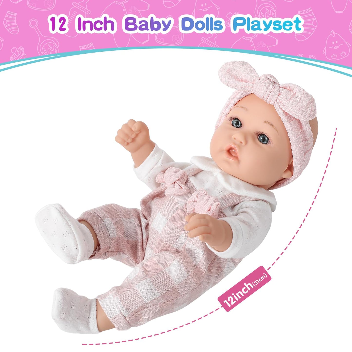 BDDOLL 12'' Baby Doll and Clothes Accessories Playset with Feeding Bottle Pacifier First Baby Dolls for Toddlers 36 Months and Up
