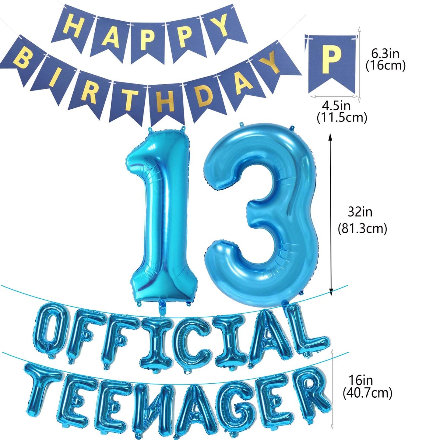 Official Teenager 13th Birthday Decorations for Boys Girls, Blue Banner Number 13 Birthday Foil Balloons for 13 Years Old Birthd