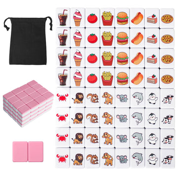 Gracias 2 Players Mahjong Block Set, Mahjong Tile Game With 66 Premium Pink Tiles(30Mm) Animal And Food Pattern, Portable Mahjon