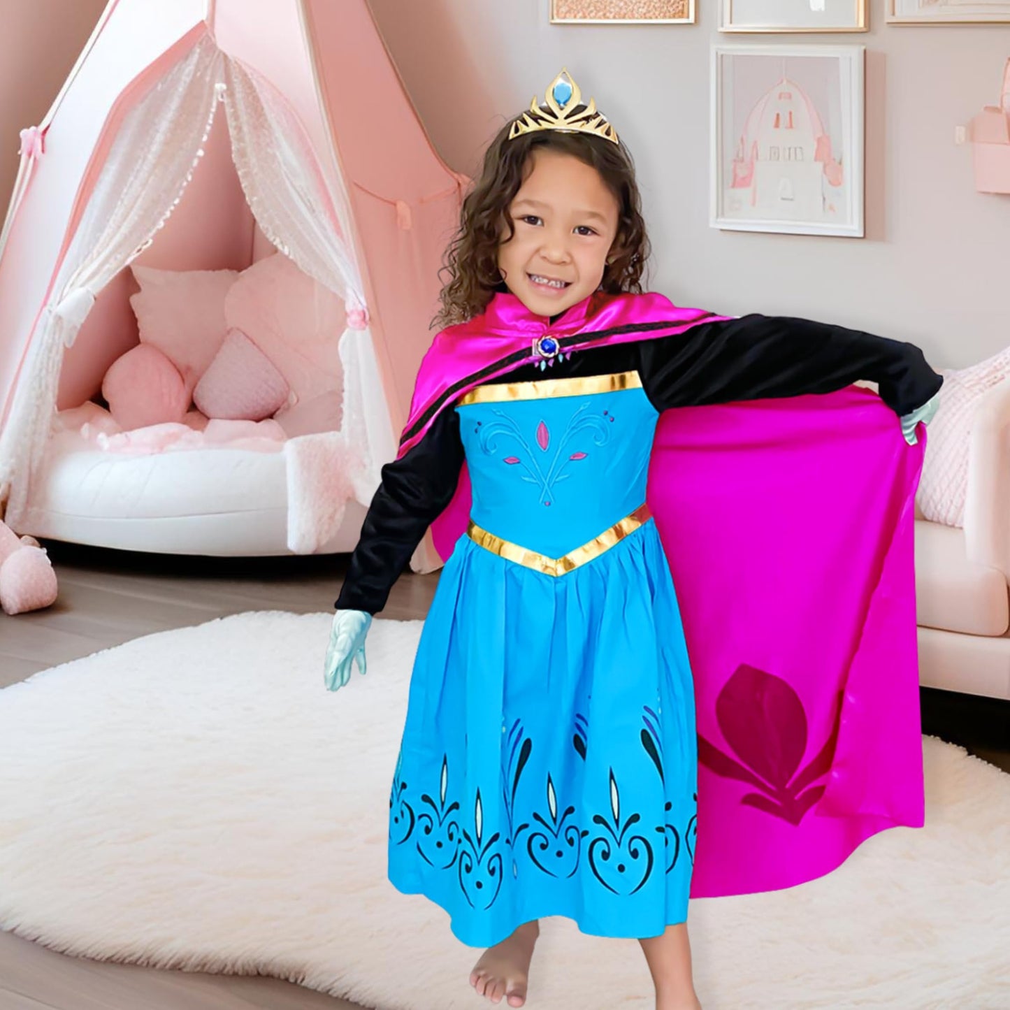 Cokos Box Girls Coronation Princess Dress Costume, Long Cape, Gloves, Tiara Crown Accessories Kids Set, Blue, Size 7 Years