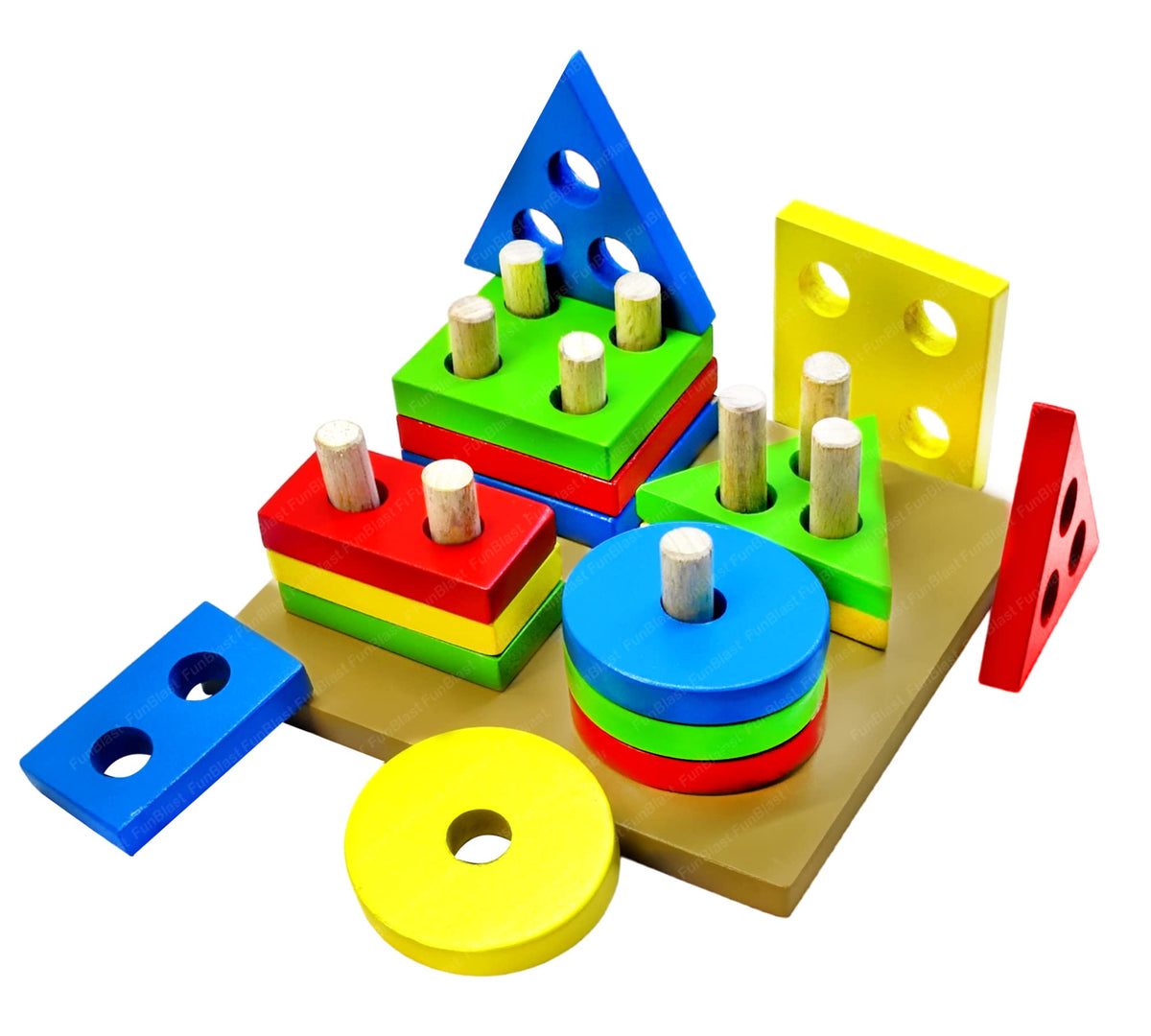 FunBlast Intellectual Geometric Shape Matching Four Column Blocks Educational & Learning Toys, Wooden Geometric Shape Sorter Puz