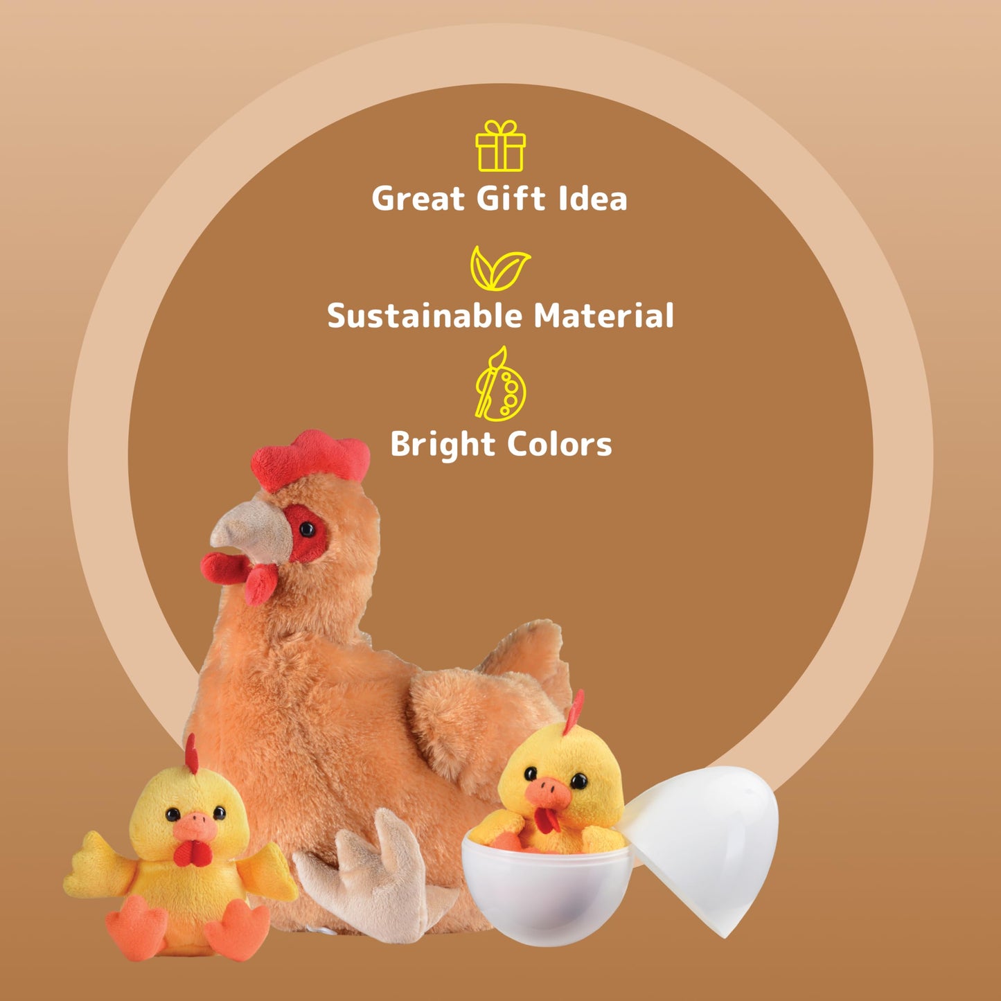 PREXTEX Plush Hen Toy with Two Plastic Easter Eggs & Baby Chicks - 17" Brown Plush for Kids 3-5 Years Old