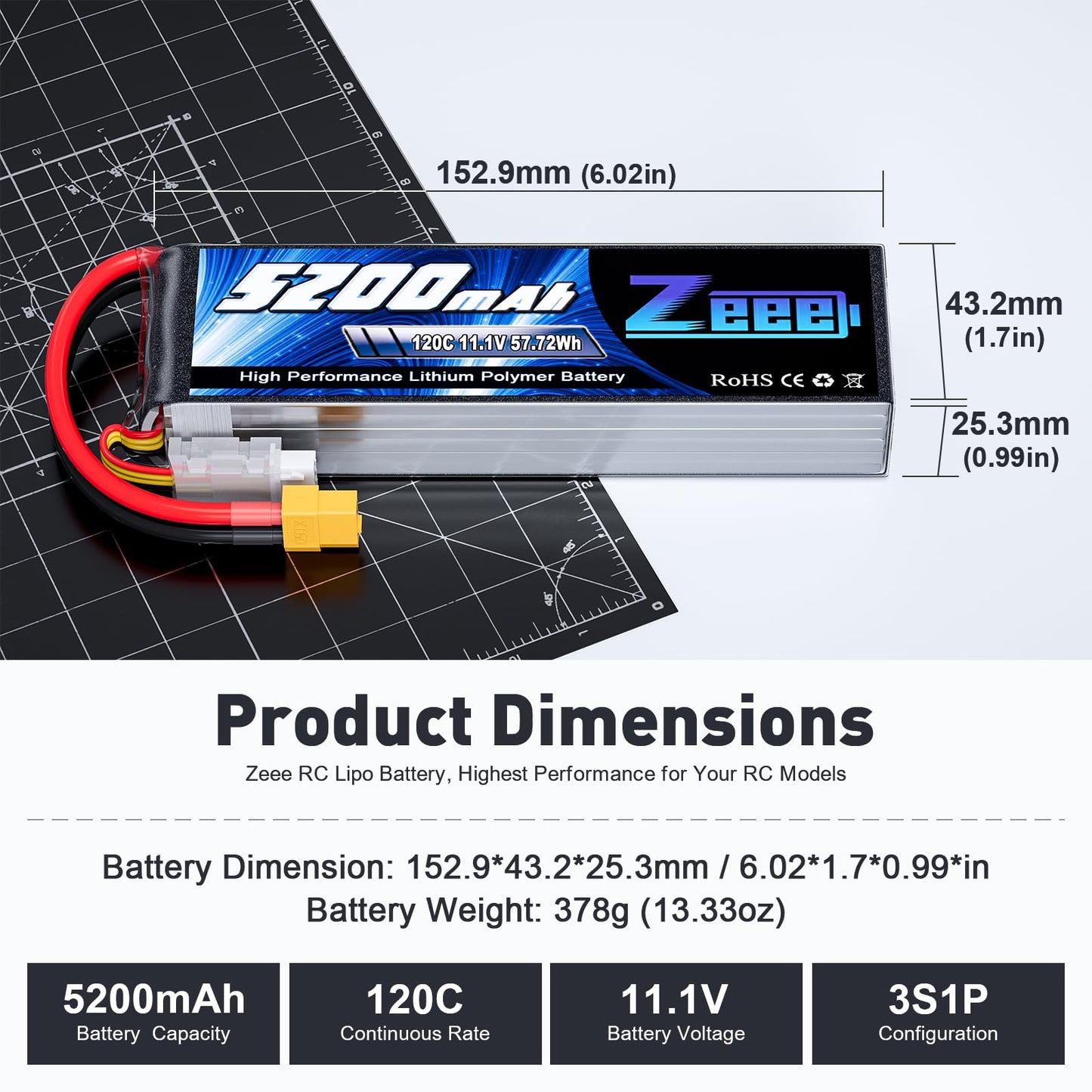 Zeee 3S Lipo Battery 5200mAh 120C 11.1V RC Soft Pack Battery with XT60 Connector for RC Car Truck Airplane Helicopter Plane Quad