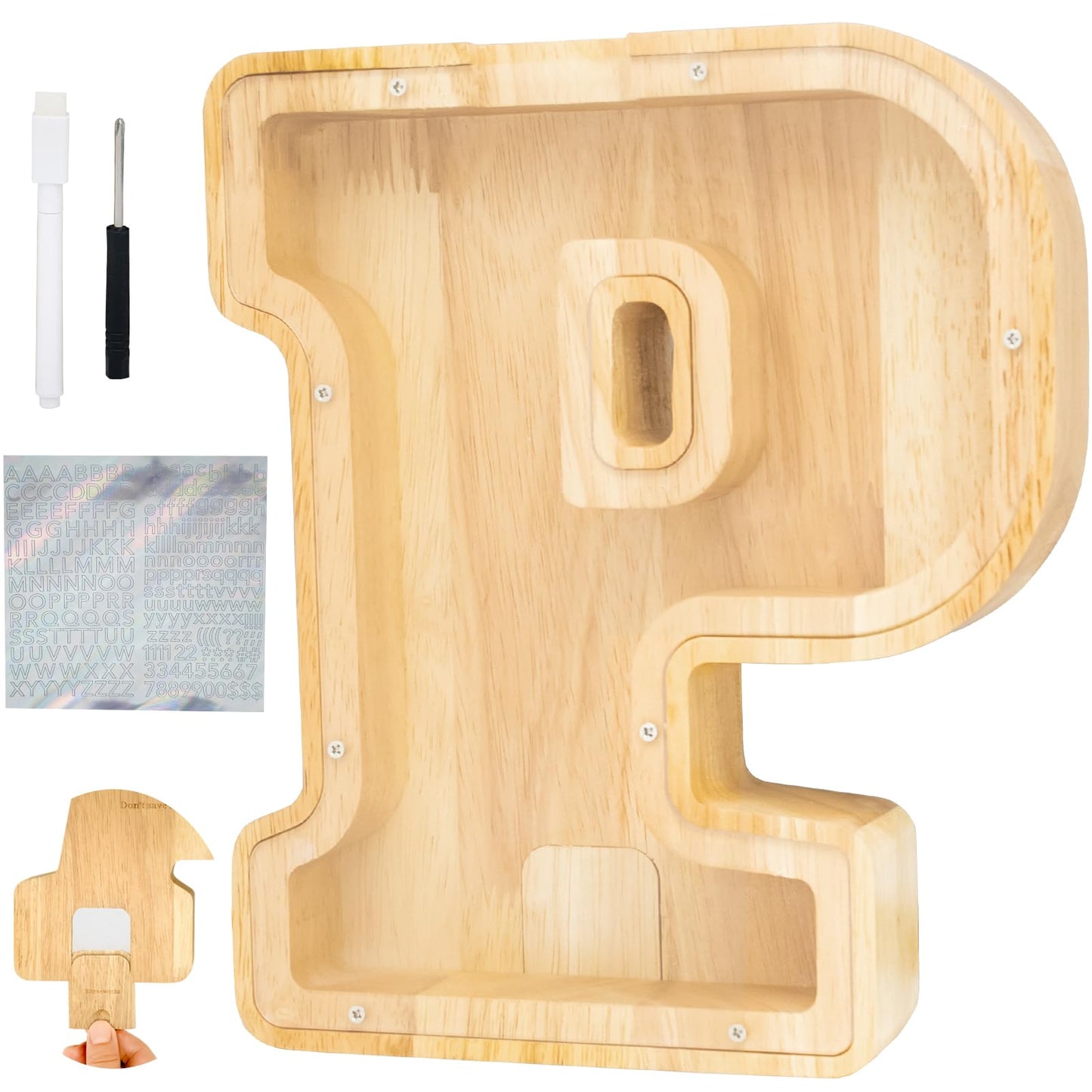 Bitreeworks Letter Piggy Bank, Personalized Wooden Coin Banks, Large Wood Money Peny Bank For Adults (9'', Alphabet P)