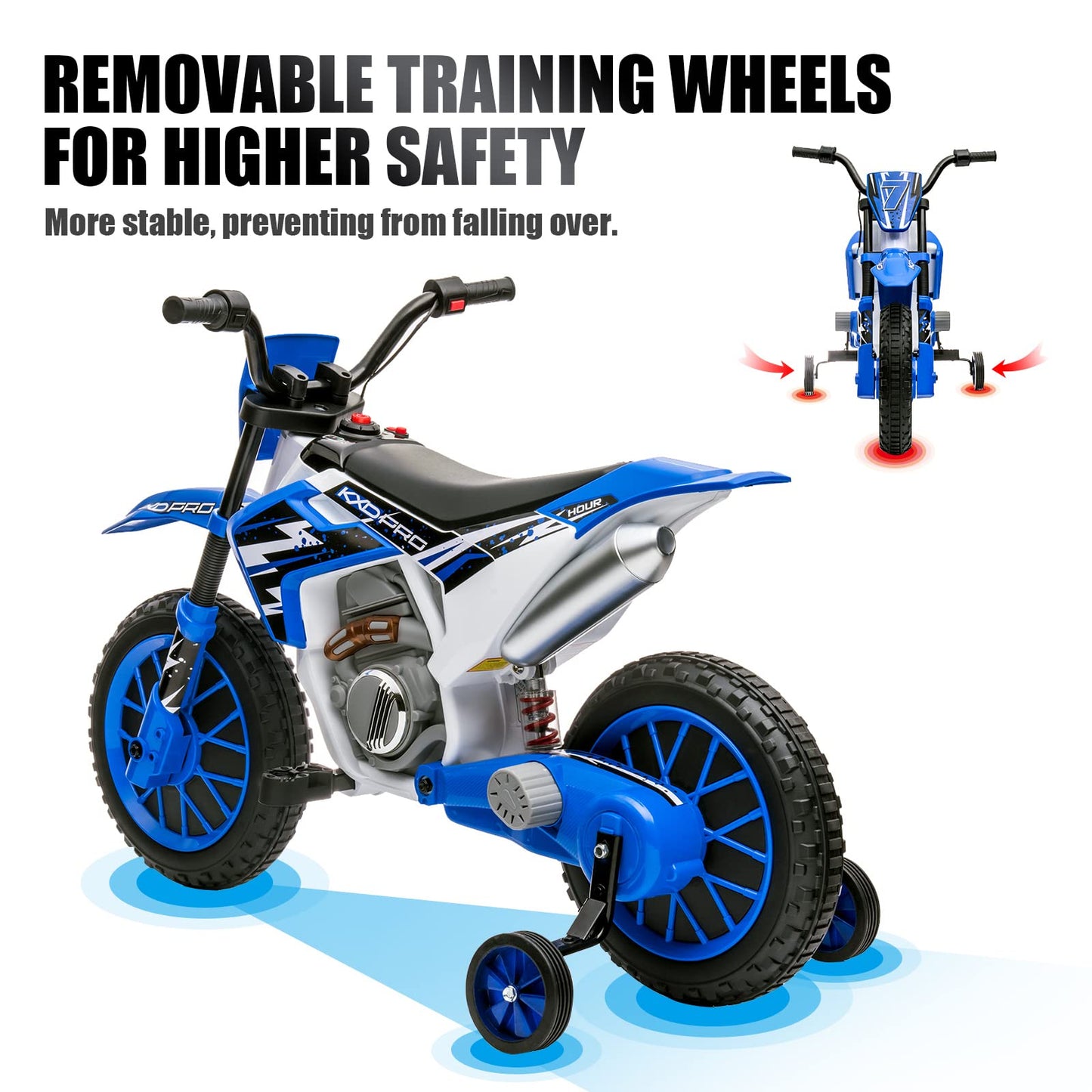 Joyldias Kids Motorcycle, 12V7Ah Ride On Motorcycle For Kids W/Training Wheels, Spring Suspension, High/Low Speeds, Blue