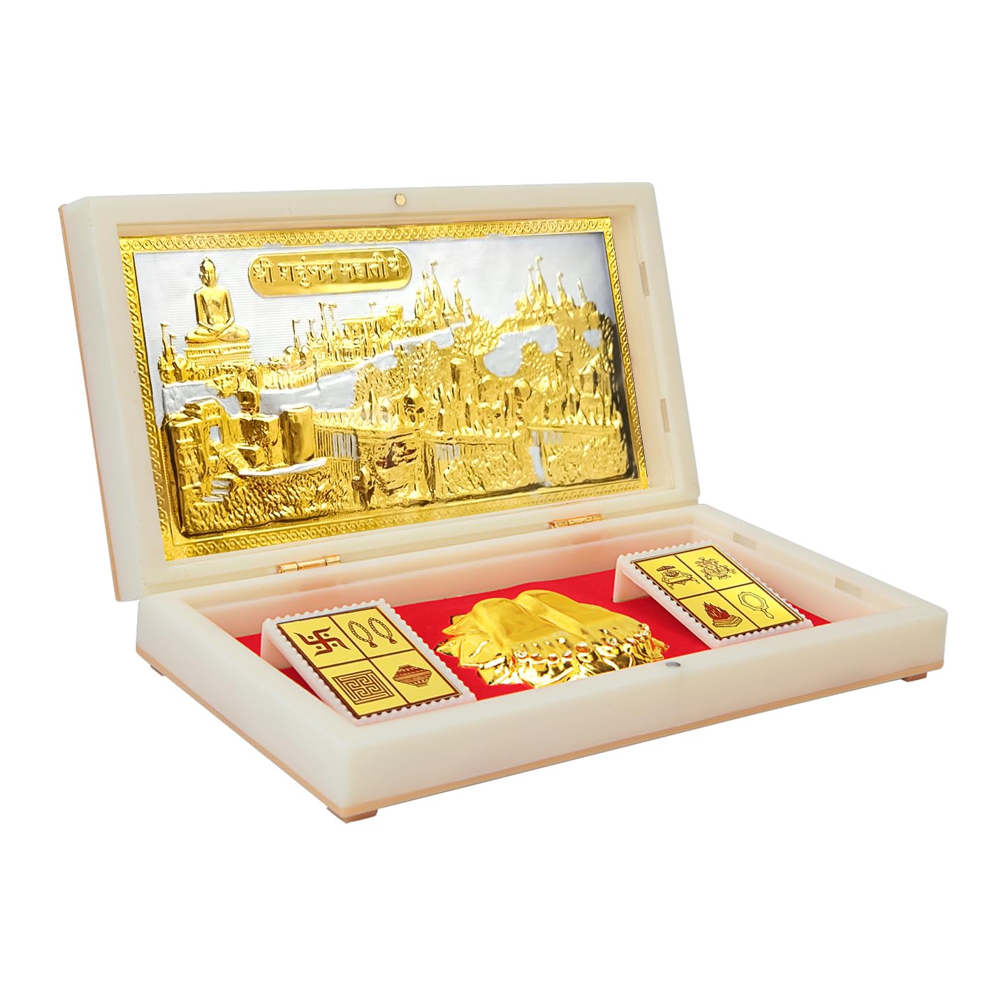 ARNAVIRA Gold Plated Jai Jinendra Jain Photo Frame with Charan Paduka Pocket Temple for House Warming Gifts Return Gift Diwali G