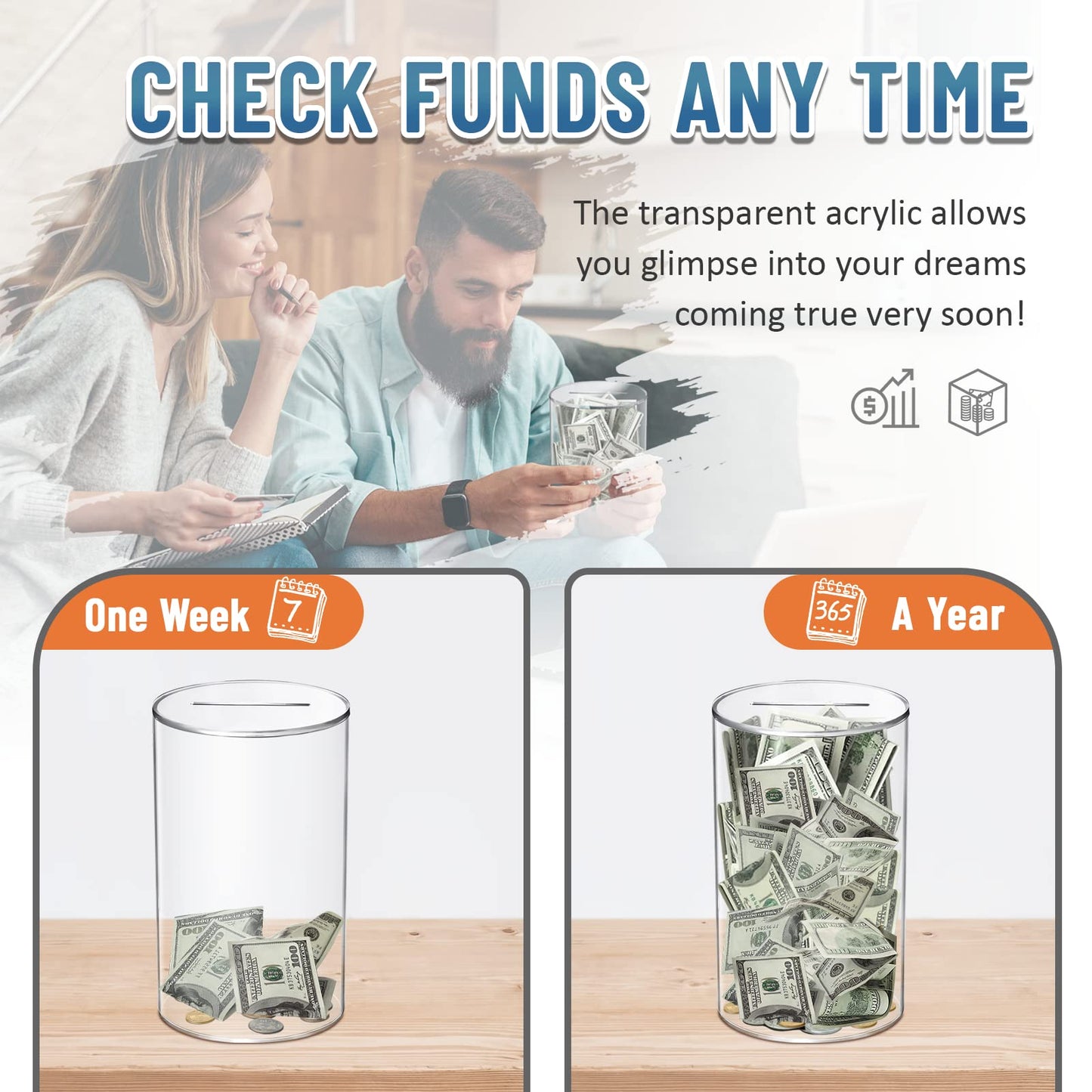 Hizgo Adults Piggy Bank, Clear Piggy Bank For Adults/Kids Must Break To Open, Unopenable Acrylic Savings Jar, Size 8' H X 5' Diameter(Medium)