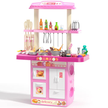 Temi Kitchen Playset | 2-In-1 Kids Kitchen & Grill Playset, Play Kitchen With 60Pcs Toy Accessories Set, Real Sounds And Light |