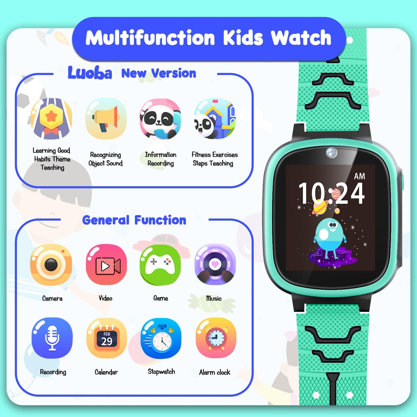 Luoba Smart Watch For Kids, Toys For 3-10 Year Old Boys Girls, 1.44' Kids Watch With 20 Puzzle Games Camera Alarm Educational Learning Toddler Watch Birthday For Boys Girls Age 4 5 6 (Green)