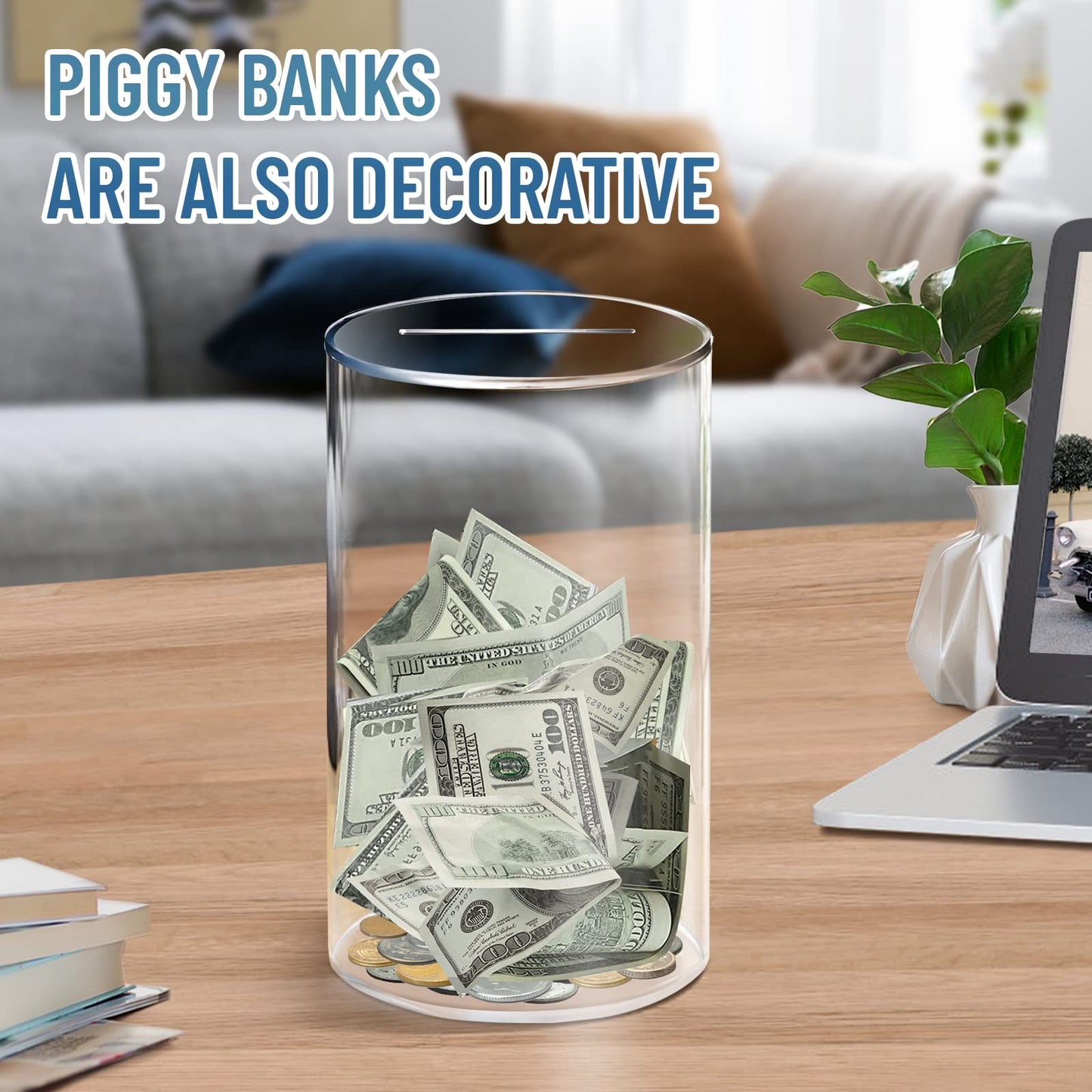 Hizgo Adults Piggy Bank, Clear Piggy Bank For Adults/Kids Must Break To Open, Unopenable Acrylic Savings Jar, Size 8' H X 5' Diameter(Medium)