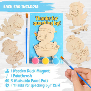 12 Pack Duck Party Favors for Kids - Individually Wrapped Paint Your Own Wooden Magnet Craft Kits with Thank You Card, Duck Birt