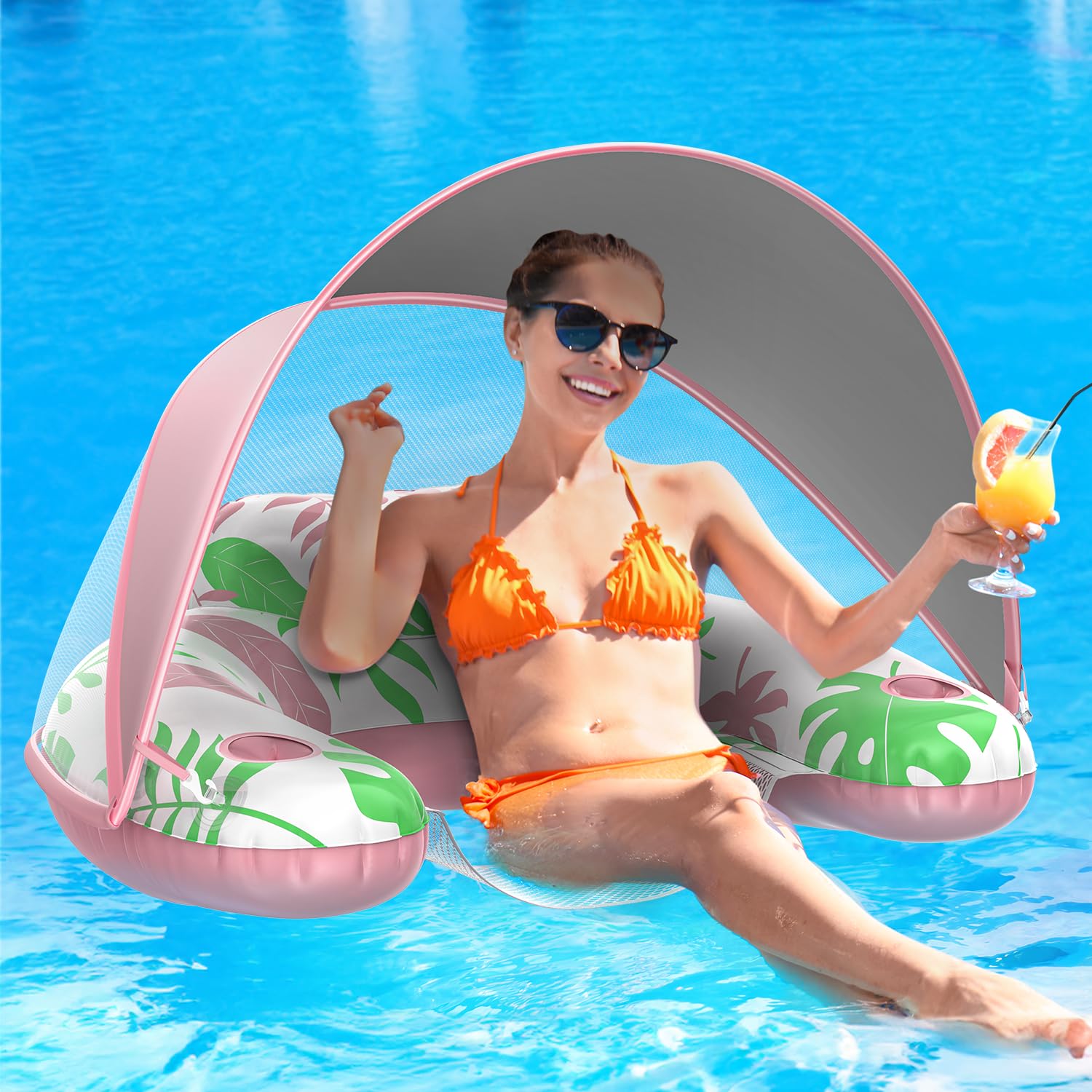Laycol Premium Pool Floats Adult With Canopy - Stylish Pool Lounger - Heavy Duty Pool Floaties For Adults - Beach Floats Pool Chair Swimming Pool Accessories For Women Floating With Cup Phone Holder