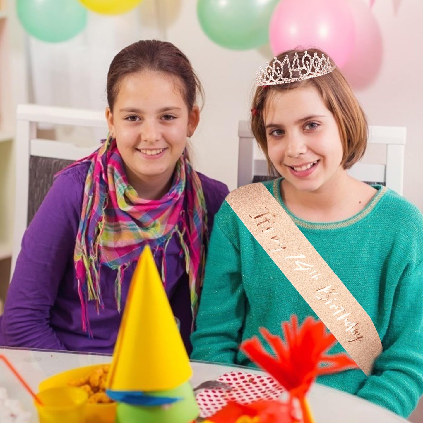 CIEHER 14th Birthday Crown and Sash for Girls, It s My 14 Bday Sash, 14th Birthday Decorations Rose Gold