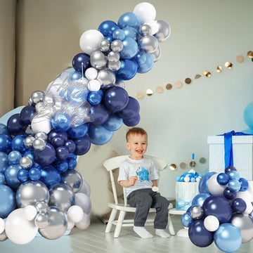 Blue White Silver Balloon Arch Kit, Navy Blue Silver White Balloon Garland With Metallic Dark Blue Light Blue Silver Balloons Fo