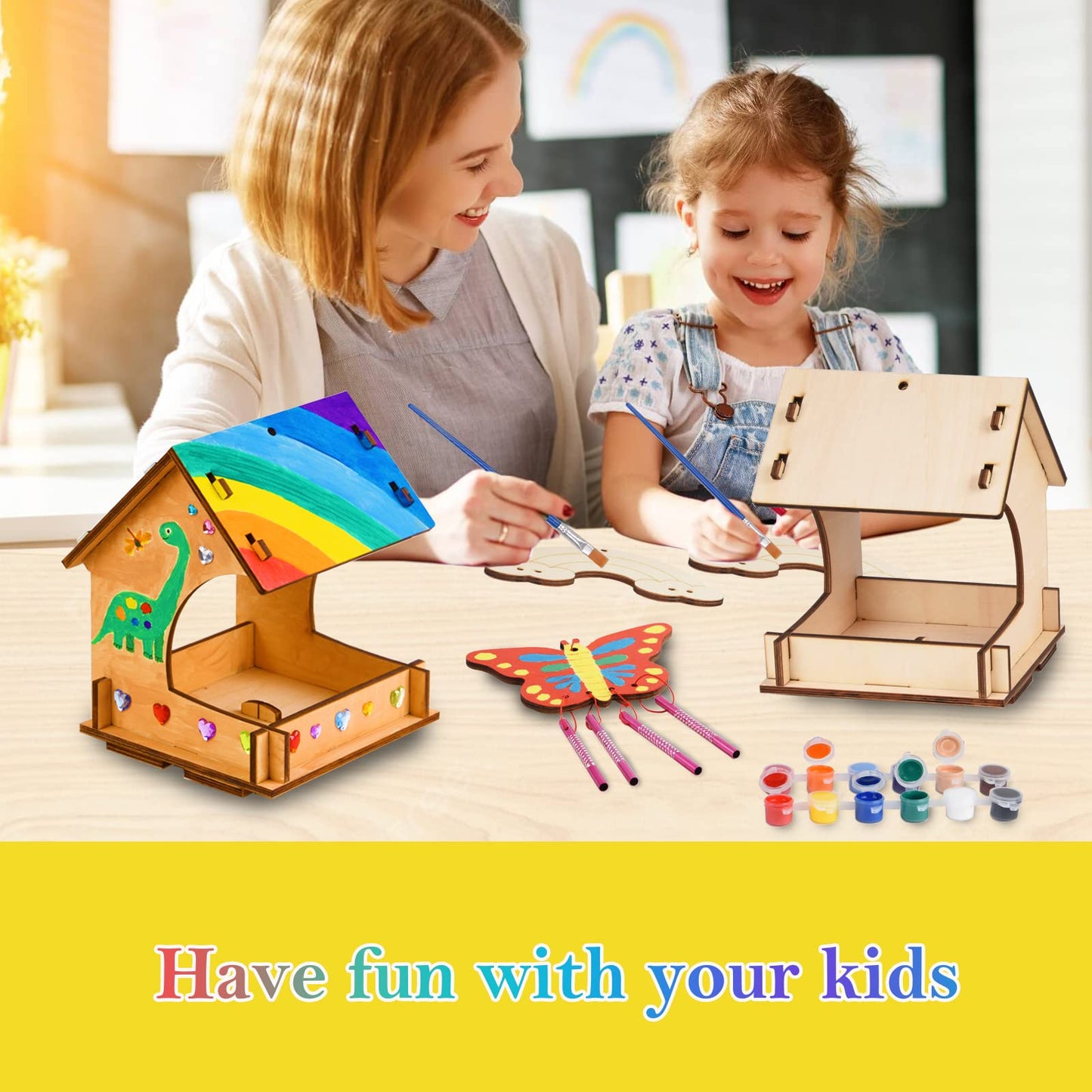 Wooden Arts And Crafts For Kids - 2 Pack Bird Feeder Wind Chime Diy Kids Crafts - Build And Paint Educational Fun Art Activities